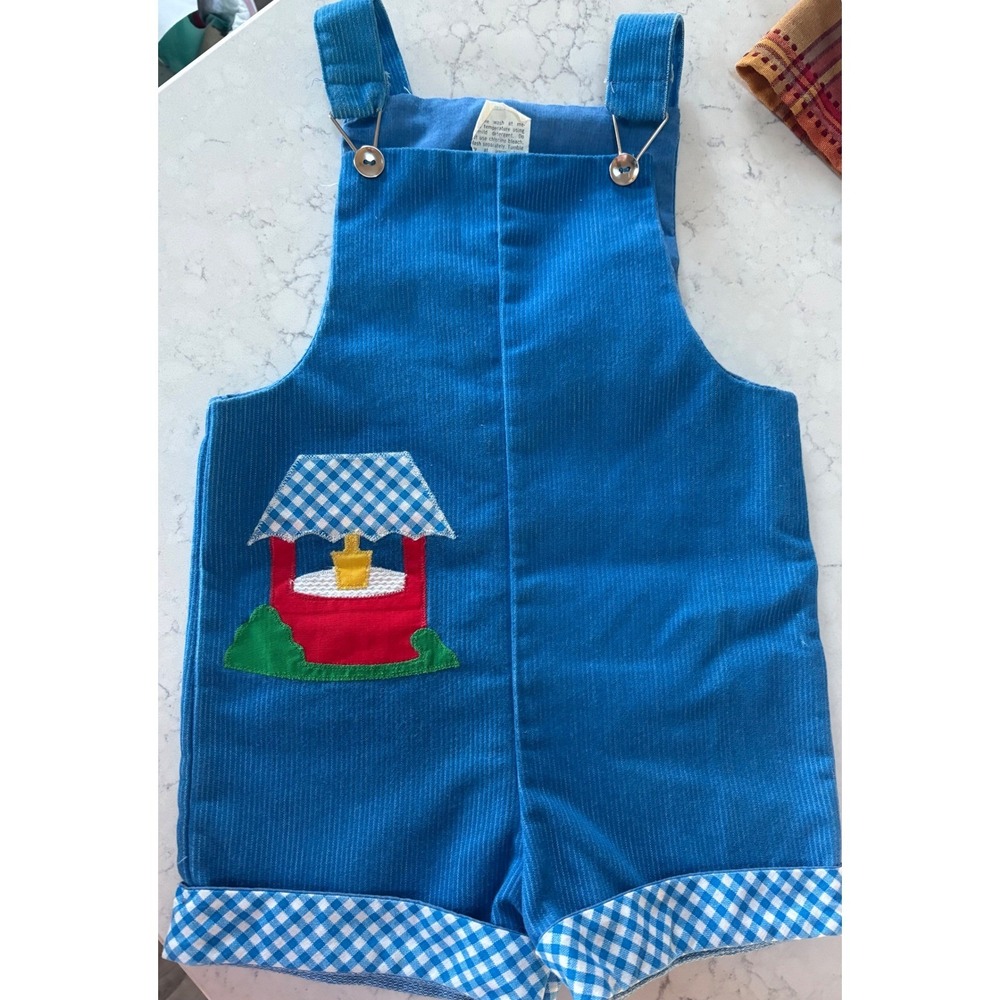 Blue Corduroy Shortall Overalls Wishing Well Applique Gingham Trim‎ Kids